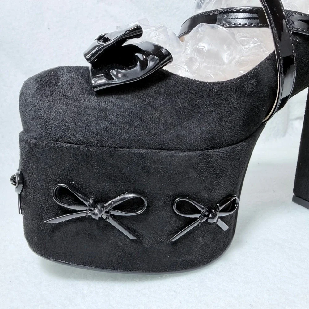 Black Bow Platform Mary Jane Pumps Heart Buckle Block Heel Sz US 10 New sexy